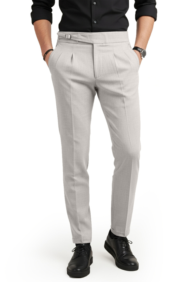 Men's Stone Stretch Fabric Italian Cut Pleated Belt Buckle Stylish Fabric Trousers 2601020