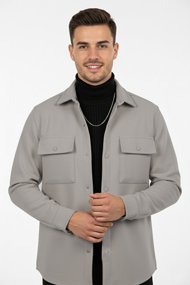 Men's Dark Gray Slim Fit Pockets Covered Snap Fasteners Thin Cashmere Jacket Coat 2500559