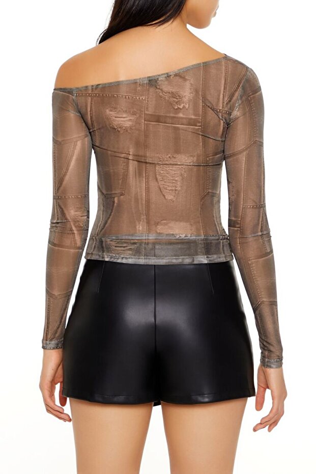 Denim Baskılı Tek Omuz Bluz - 5