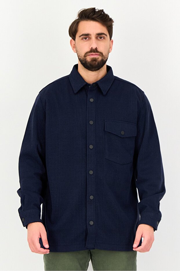 قميص رجالي منقوش، أزرق داكن - 1