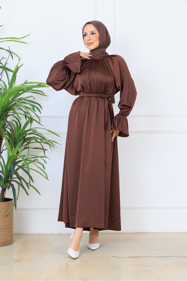 Brown Satin Belted Flounce Sleeve Hijab Maxi Dress