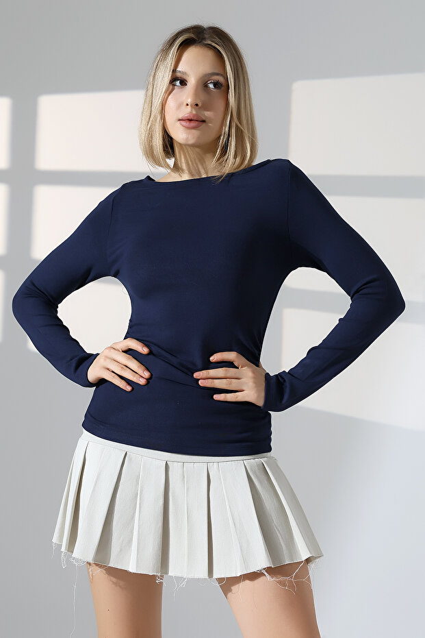 Long Sleeve Boat Neck Gathered Side Bodycon Basic Women's Body T-Shirt 21951 Dark Blue