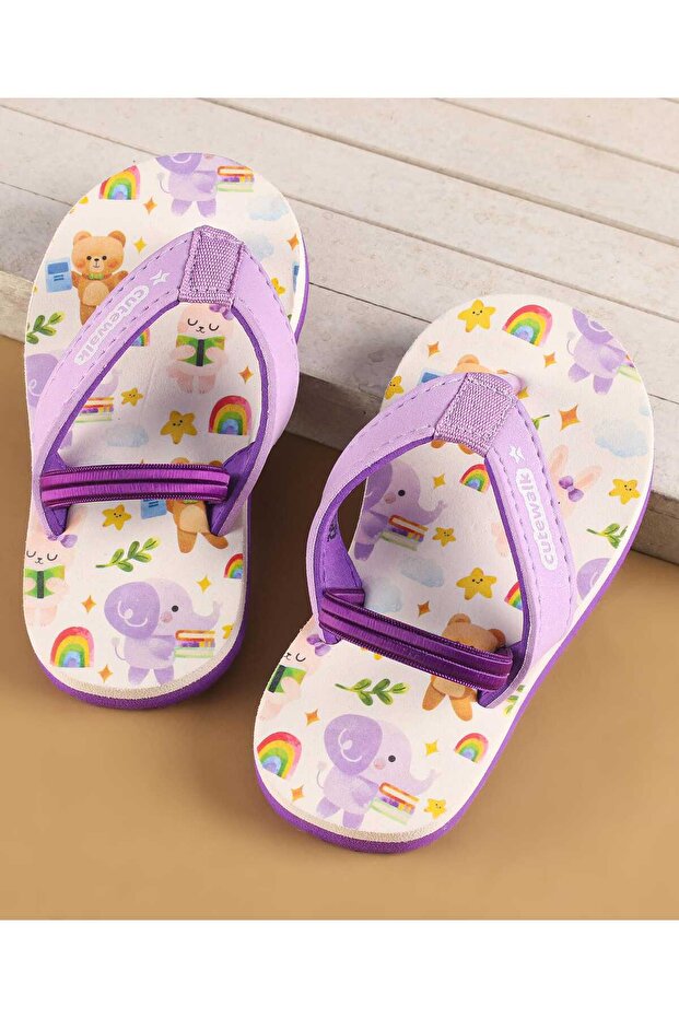 شبشب مطبوع حيوانات وكتب مع حزام خلفي - أبيض وأرجواني