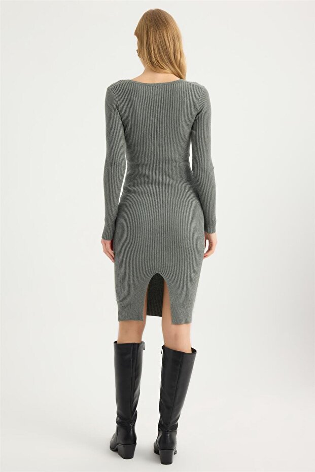 Triko Simli V Yaka Elbise - 5