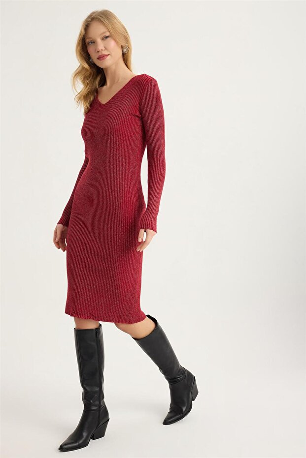 Triko Simli V Yaka Elbise - 2