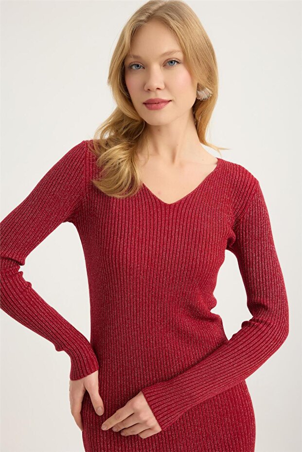 Triko Simli V Yaka Elbise - 4