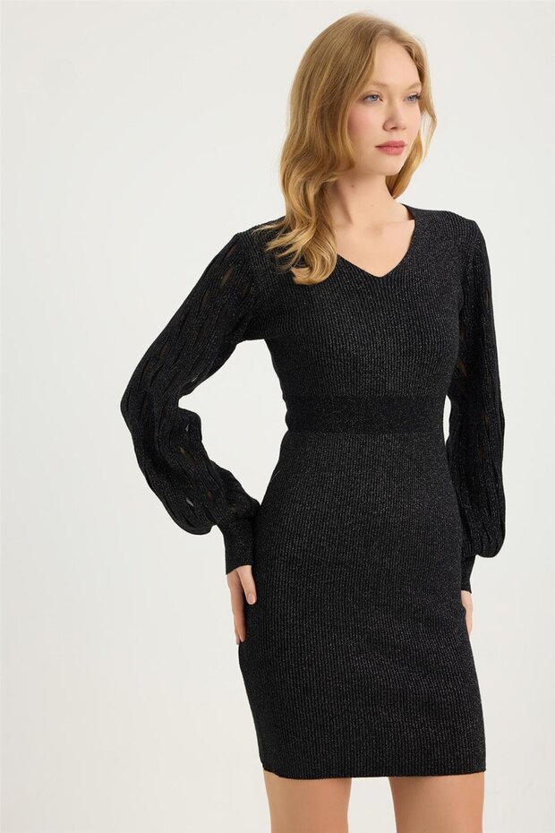 Triko Simli V Yaka Elbise - 3