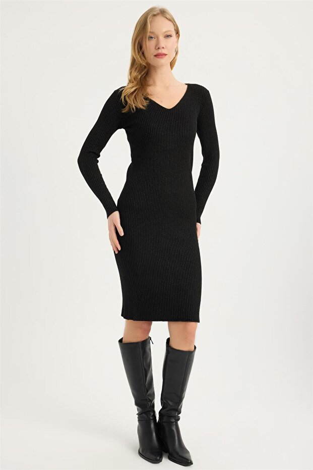 Triko Simli V Yaka Elbise - 3