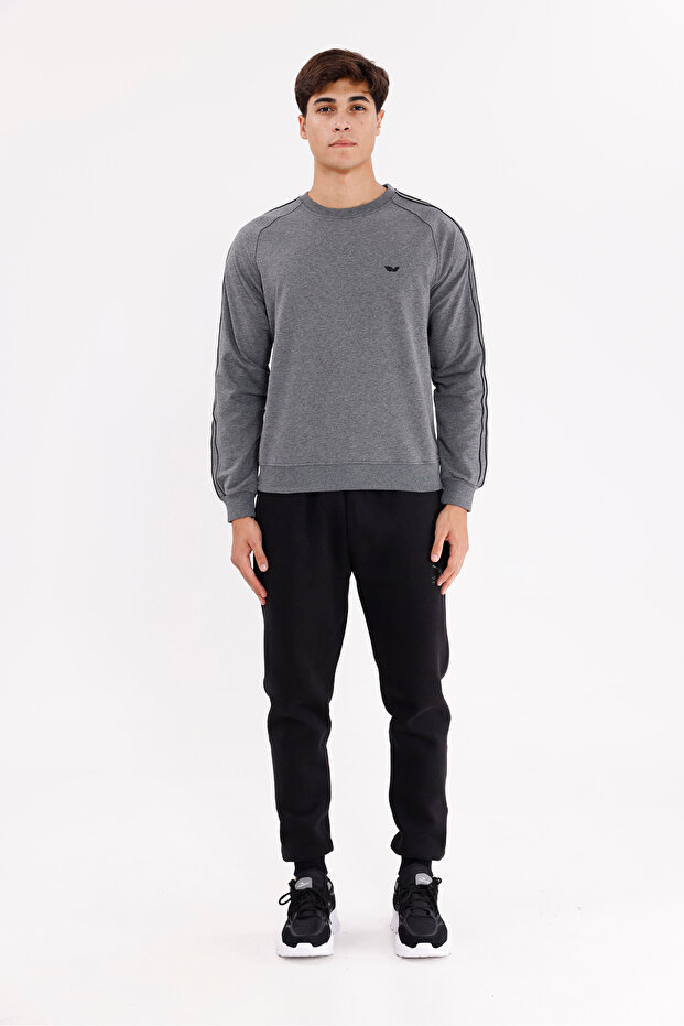 Double Stripe Raglan Sleeve Minimal Logo Crew Neck Sweatshirt