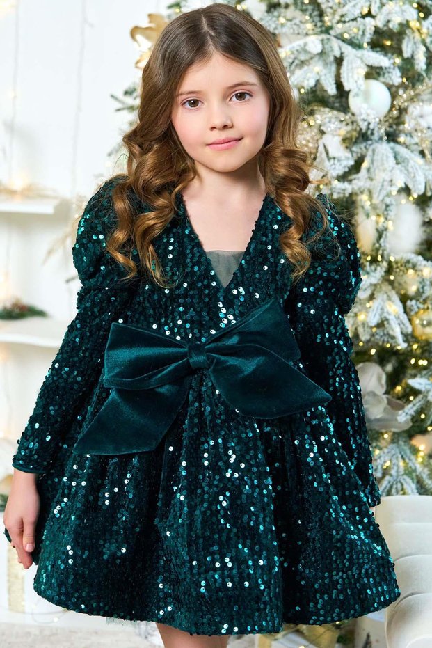 Girl's V-Neck Sequin Embroidered Skirt Puffy Velvet Green Evening Dress