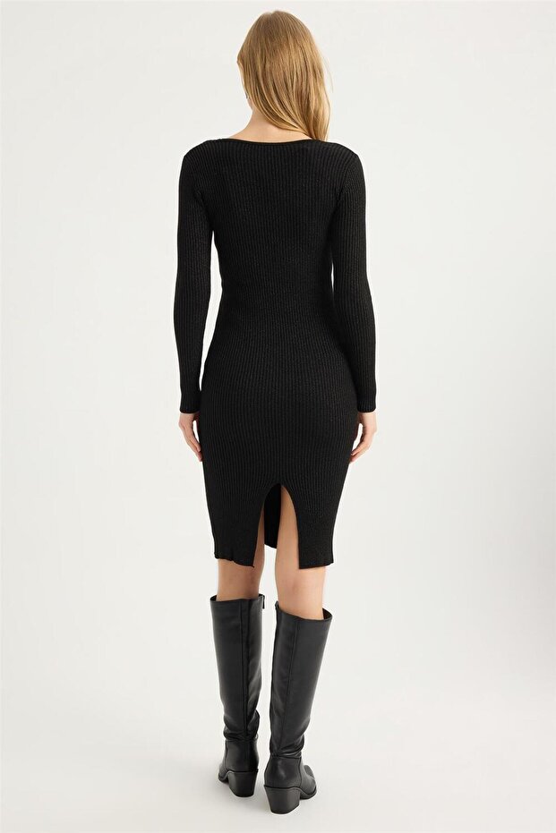 Triko Simli V Yaka Elbise - 5