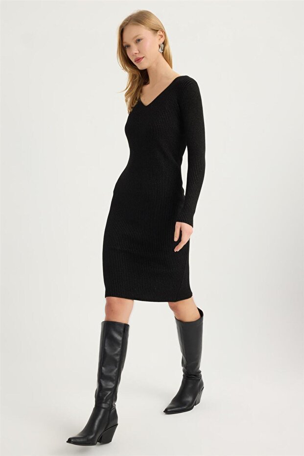 Triko Simli V Yaka Elbise - 2