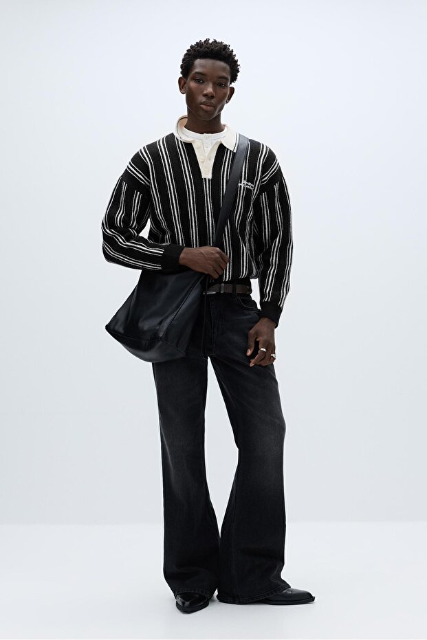 Çizgili örgü polo yaka kazak - 1