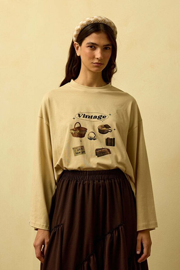 Bej Vintage Baskılı Basic Body - 1