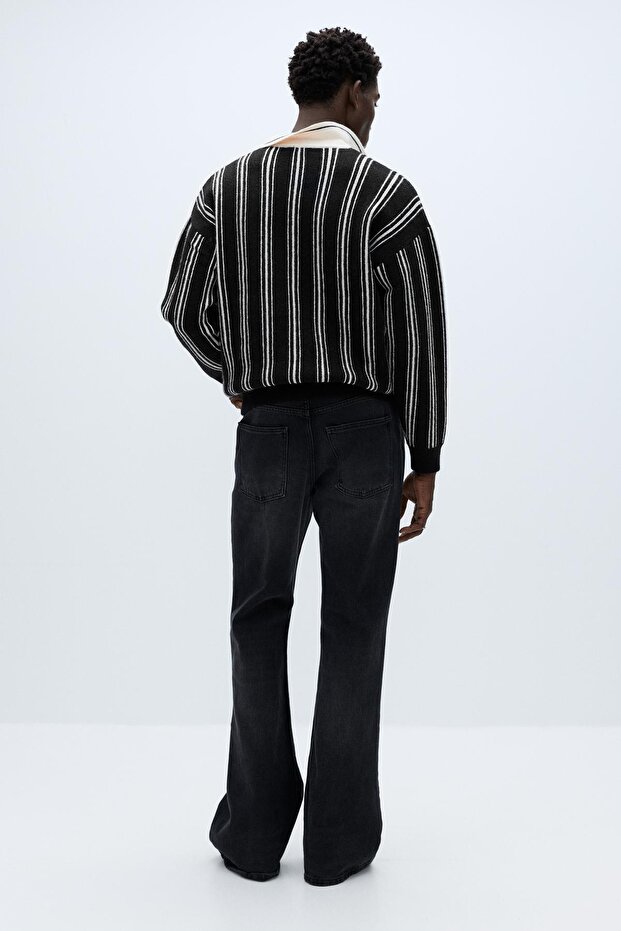 Çizgili örgü polo yaka kazak - 5