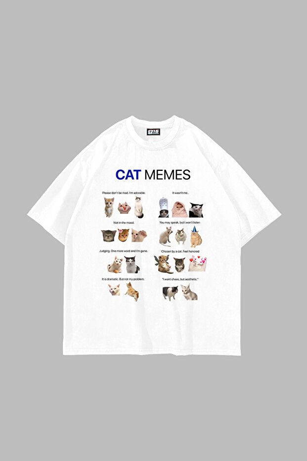 تي شيرت أبيض للجنسين من Cat Memes مطبوع قصة فضفاضة