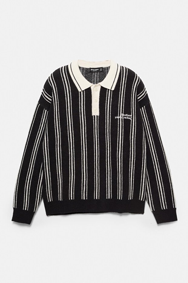 Çizgili örgü polo yaka kazak - 7