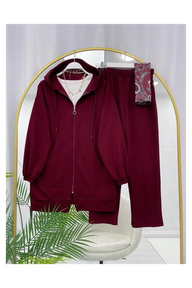Hooded Zippered Kangaroo Pocket Casual Jacket Pants Two-Piece Set