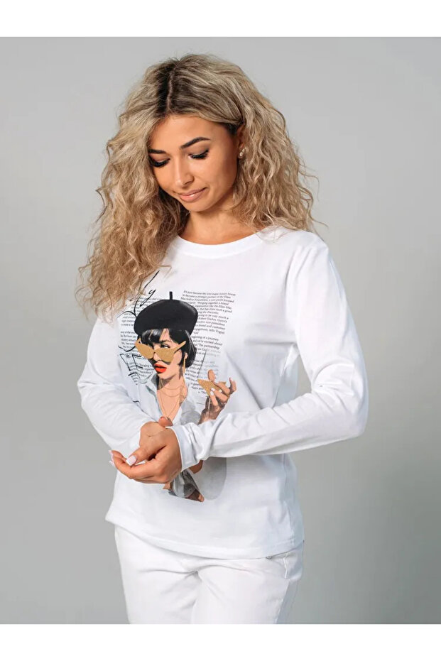 سترة بيضاء قصة فضفاضة مطبوع أساسية بأكمام طويلة - 4