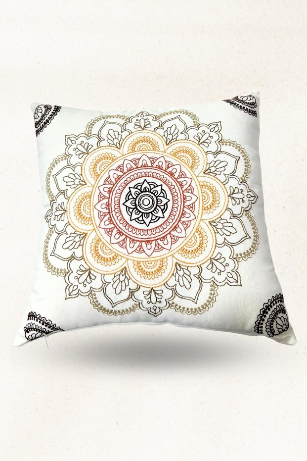 Mandala Embroidered Linen Throw Pillow | Silicone Filled Decorative Pillow 42X42