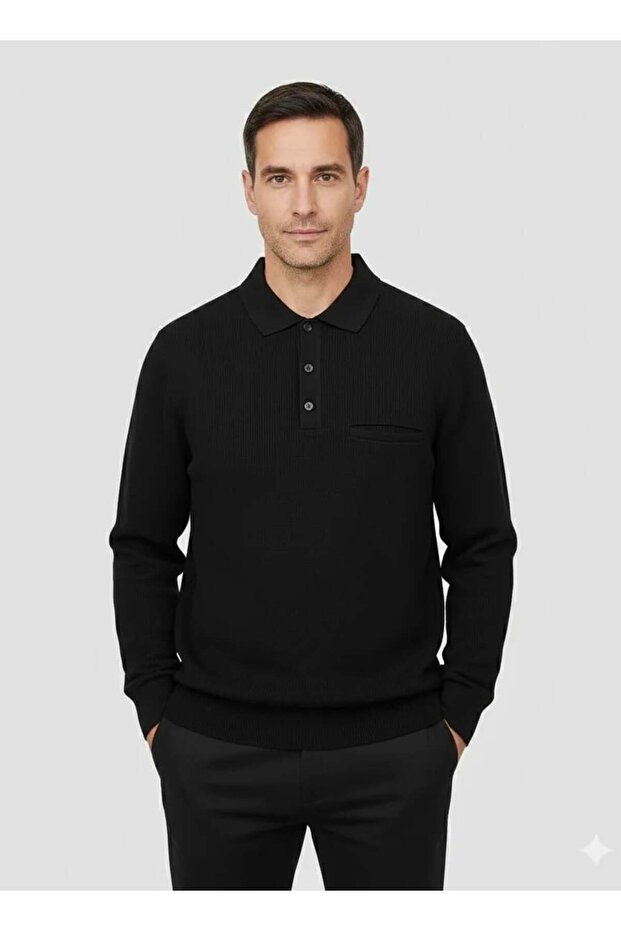 Men's Black Polo Neck Sweater with Pockets
