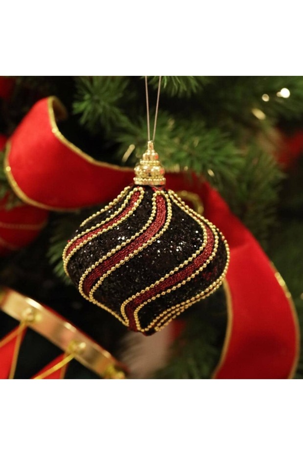 Gold Striped Spiral Sequined Black-Burgundy Drop Pine Tree Ornament 10 cm