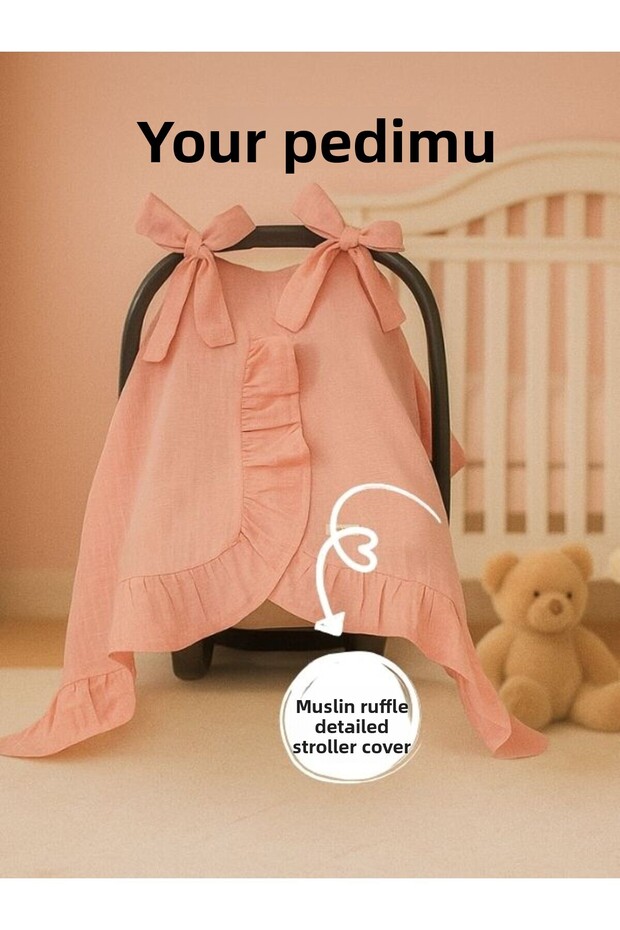 Muslin Rose Pink Color Ruffle Detailed Stroller Cover
