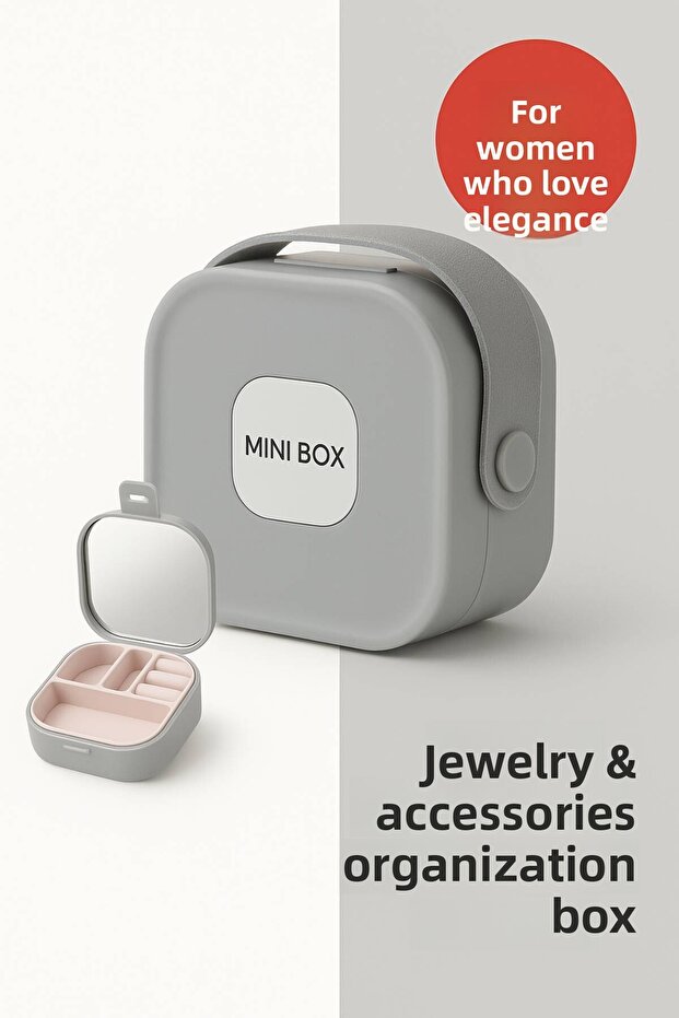 Mini Jewelry Box Mirror and 4 Compartments Travel Organizer – Necklace, Earrings, Ring Storage Case Gray