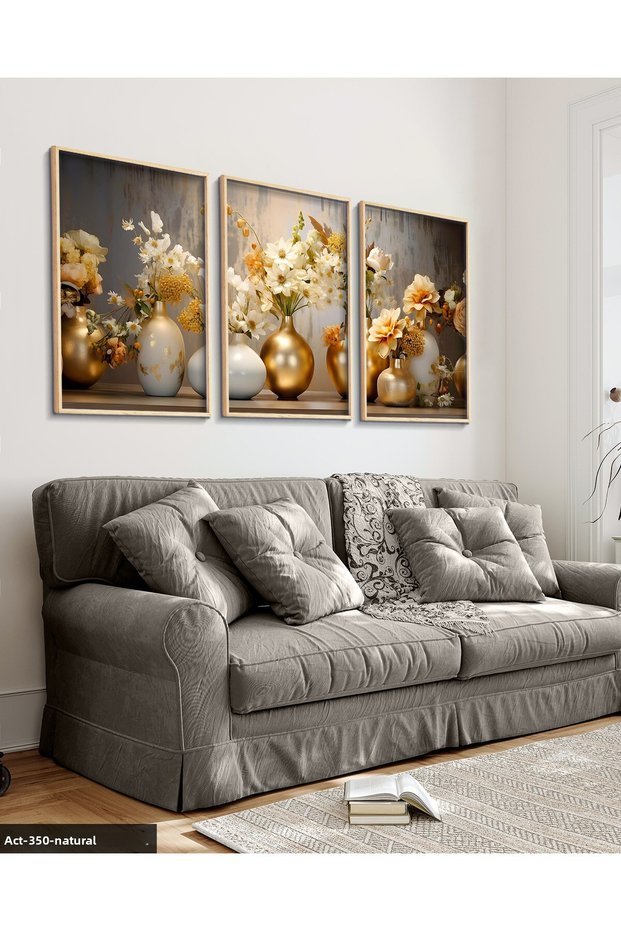 Flowers in Gold Vase 3 Piece Natural Wood Framed Painting