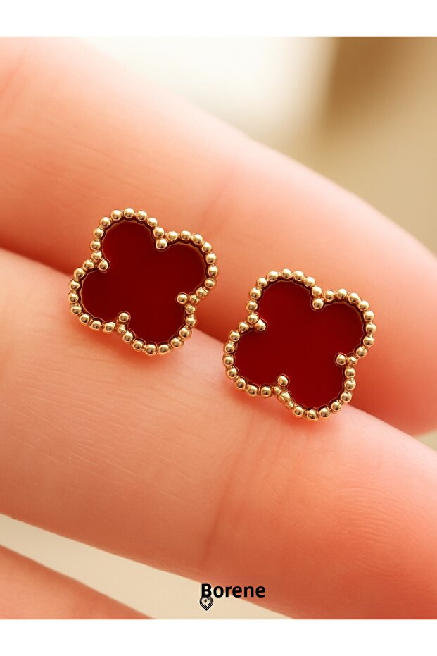 Women's Red Color Stainless Steel Clover Earrings