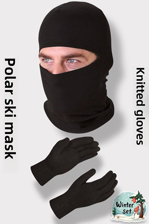 Black Thermal Winter Fleece Snow Mask and Knitted Gloves Set