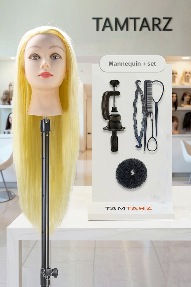 Hairdressing training mannequin platinum + hair weaving and bun set