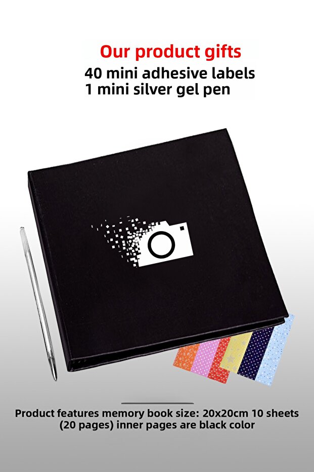 Memory Book Photo Album 20x20 Cm Black Inside - Mini Gel Pen and Sticker Gift