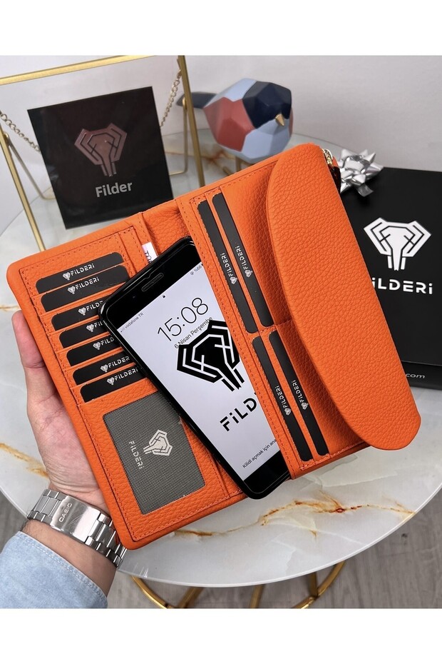 Genuine Leather Women's Orange Wallet with Phone Compartment 2049