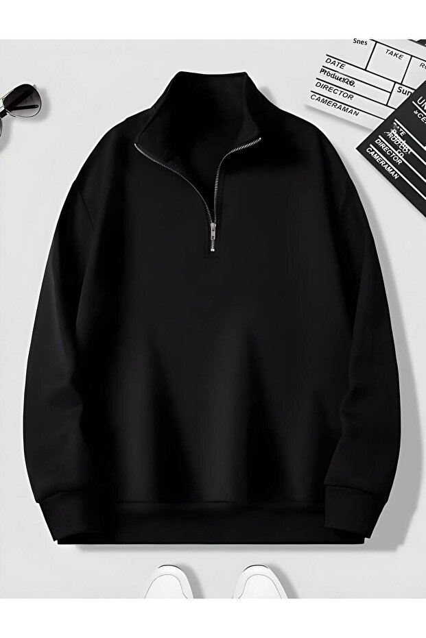 black high neck half zippered plain sweater