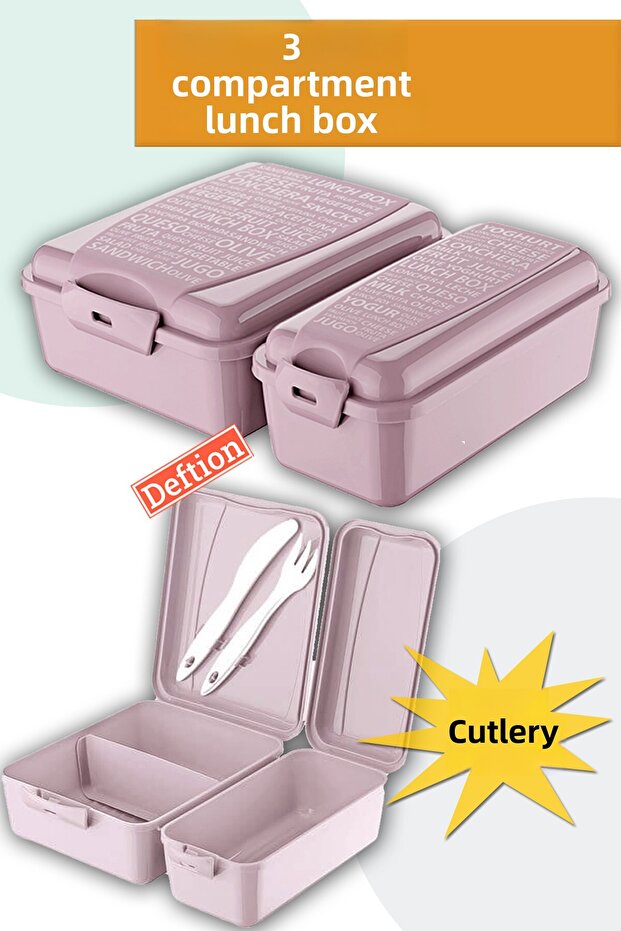 Powder 3 Compartment Lunch Box with Fork and Spoon Lunch Box Bag Lunchbox Food Set