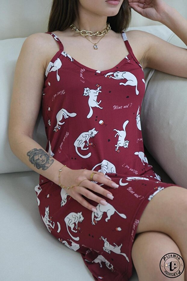 Red Cat Patterned Strap Long Dress