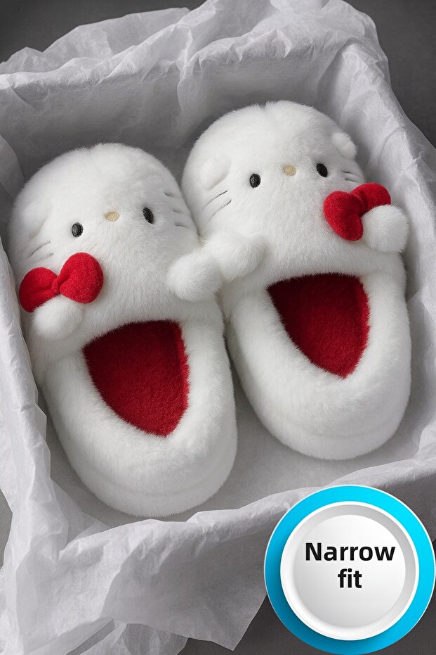 Hello Figured Ribbon Detailed Bowknot Winter Unisex House Slippers Non-Slip Sole
