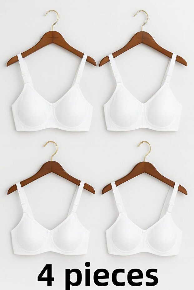 4 Pieces White Cotton Underwire-Free Sponge-Free Combed Comfortable Women's Bra