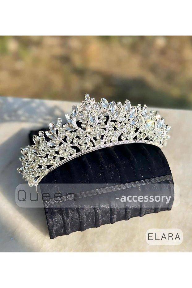 Elara Diamond White Crystal Stone Luxury Design Engagement Bridal Tiara Metal Crown with Peaked Authentic Motif