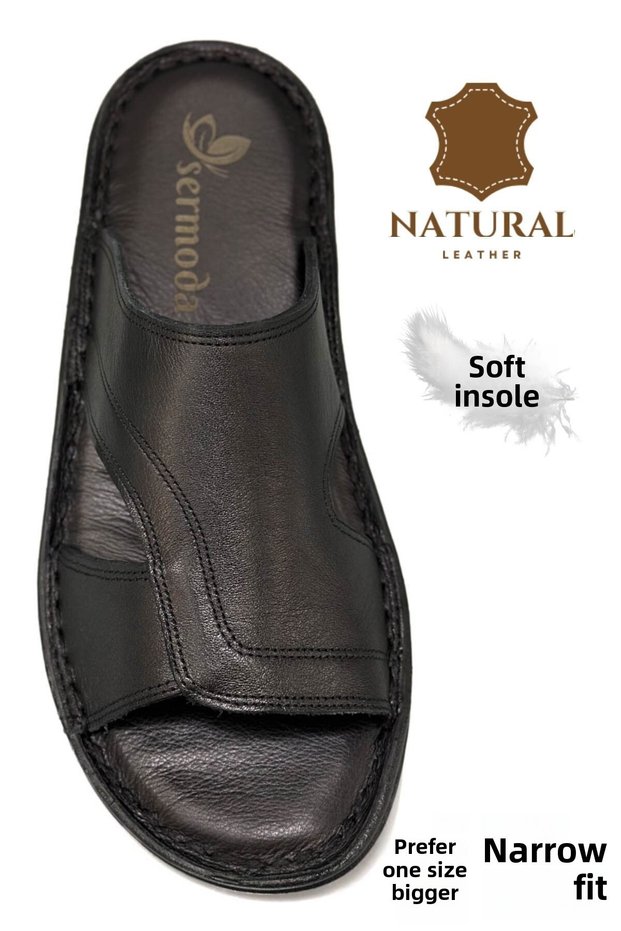 Genuine Real Leather Men's Slippers Lightweight Leather A Black