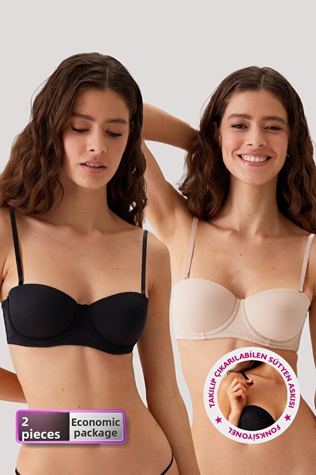 Economical 2-Pack Black-Tan 6803 Verona Soft Push up Semi-Support Strapless T-Shirt Bra Set