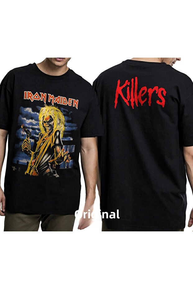 تيشيرت أسود للجنسين مطبوع من الأمام والخلف من Iron Maiden Killers