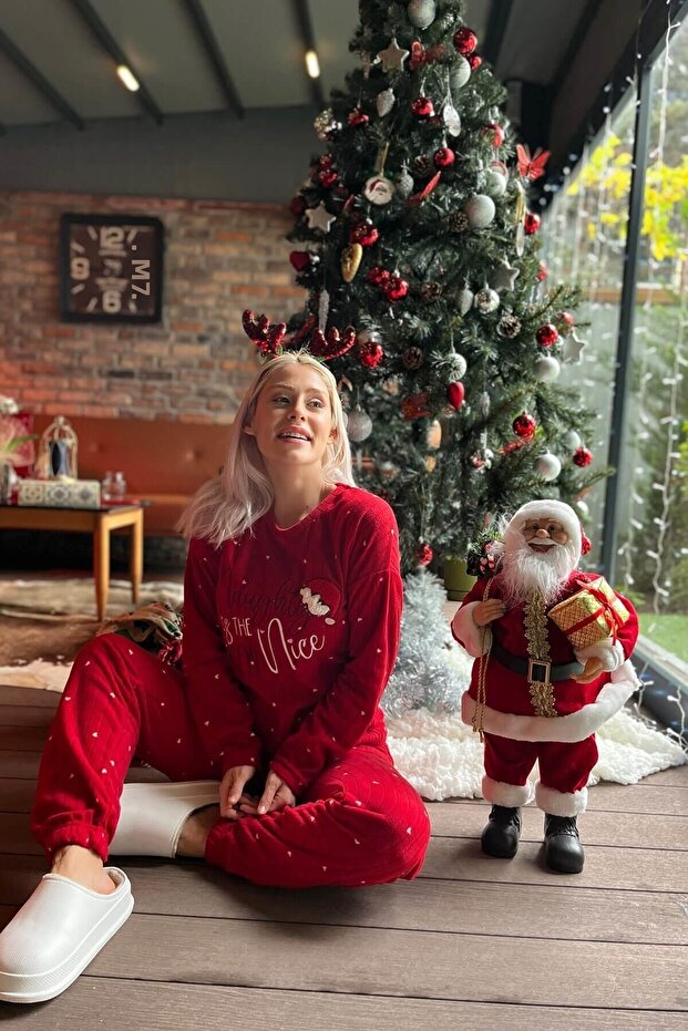 Újévi mintás plüss gyapjú pizsama szett - 3