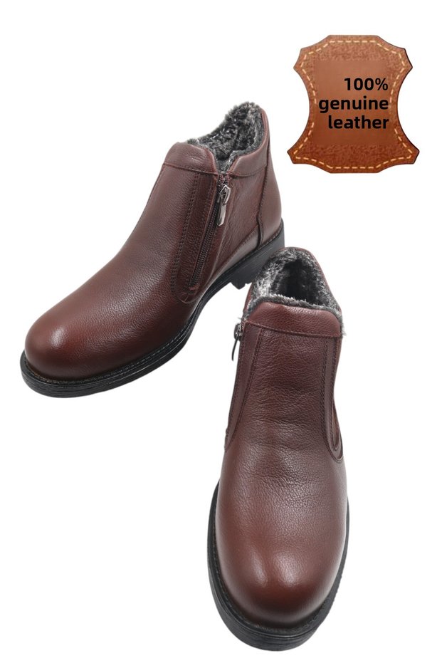 Men's Genuine Leather Fur-Trimmed Zip-Up Brown Non-Slip Sole Cold-Resistant Casual Boots