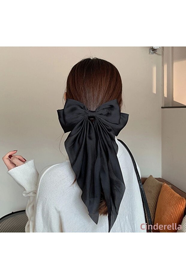 Elegant Women's Satin Large Bow Automatic Clip Black - Ribbon Bow Clip Hair Clip
