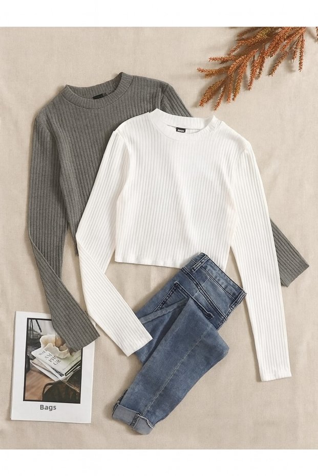 Women's 2-Piece Ribbed Crew Neck Knitted Camisole Long Sleeve Crop Blouse