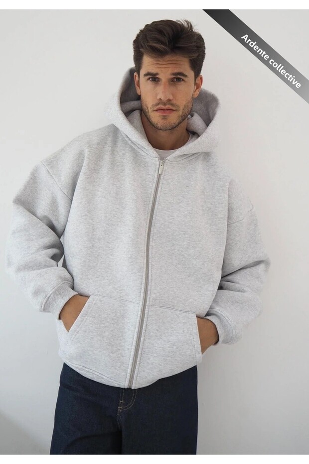 Oversized Gray Hoodie Zippered Hooded Sweatshirt