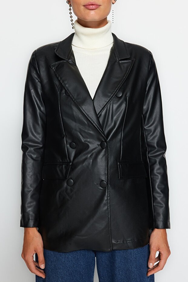 Czarna marynarka ze sztucznej skóry z regularną podszewką i podwójnym zapięciem, tkana marynarka TWOAW21CE0156 - 9