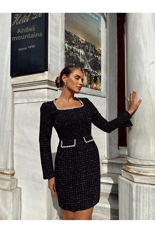 Women's Black Collar and Pocket Stone Embroidery Special Design Lined Midi Dress